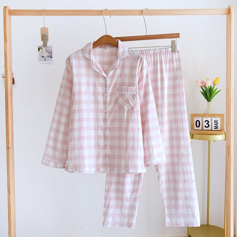 PIN GROUPS 2024 Japanese Spring And Autumn New Couple Pajama Set 100% Cotton Long Sleeve Pants Men's And Women's Checkered Home Furnishings