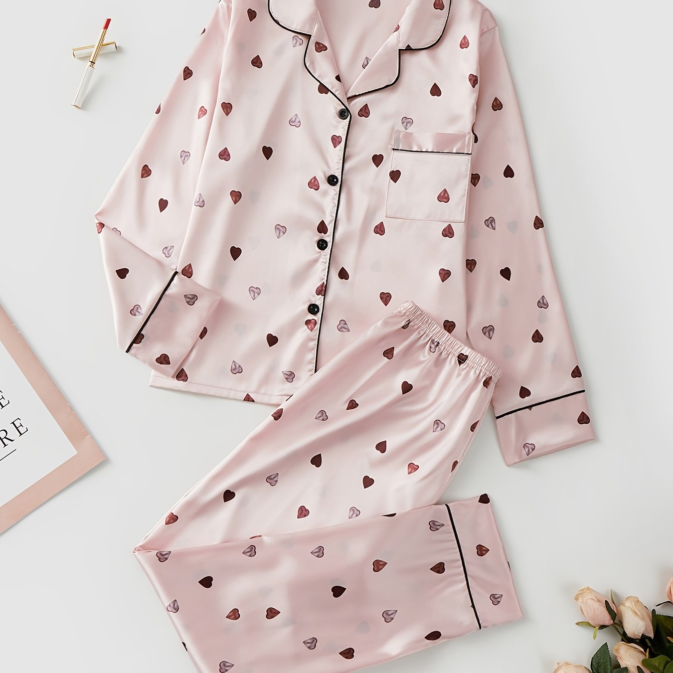 PIN GROUPS Elegant Heart Print Pajama Set, Long Sleeve Blouse Top & Elastic Waistband Pants, Women's Sleepwear & Loungewear