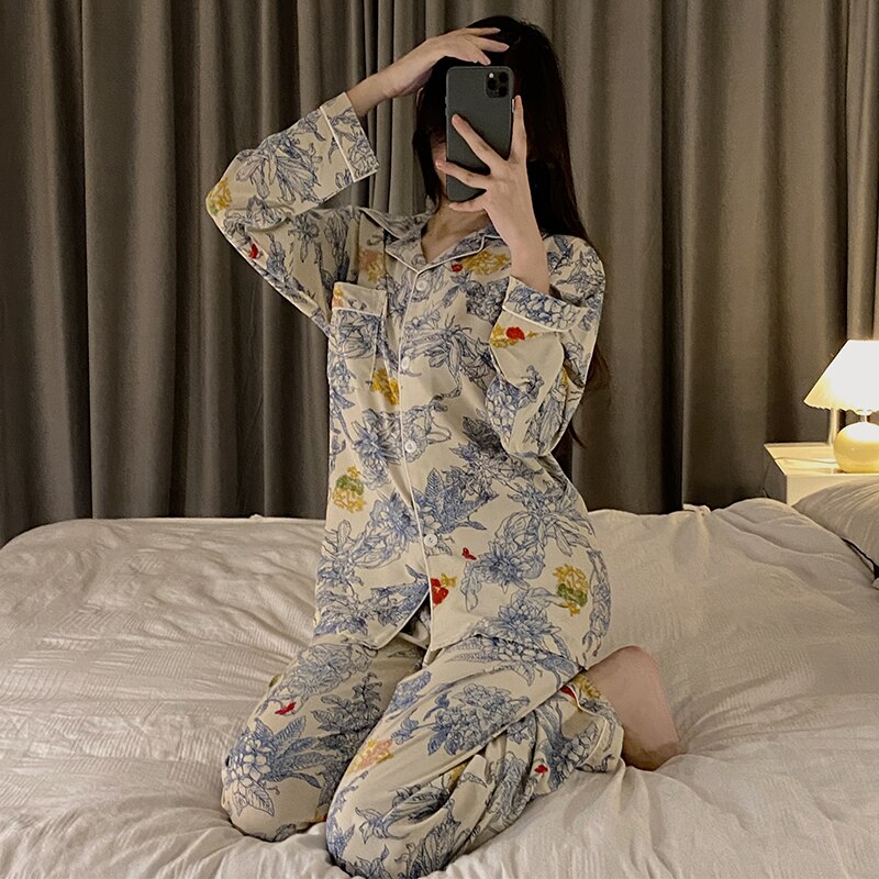 PIN GROUPS Autumn Spring Ice Silk Pajamas Women Sleepwear Long Sleeve Casual Nightwear Pyjamas Suit Home Clothes Floral Printed Sleep Set