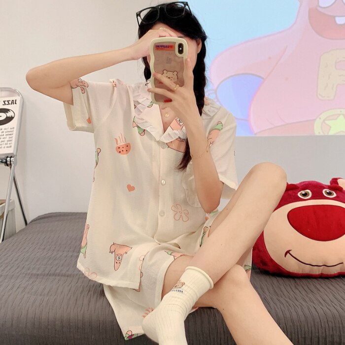 PIN GROUPS Korean Pajama Mujer Floral Chrry Printed Gauze Cotton Sleepwear Set Short Sleeve Top Shorts Homewear Skin-friendly Breathable