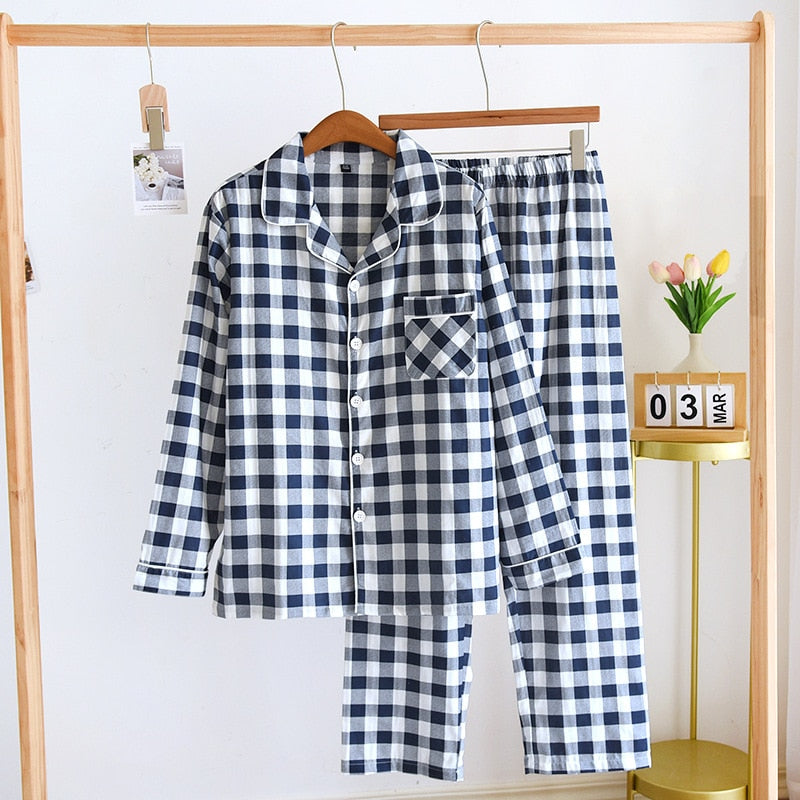 PIN GROUPS 2024 Japanese Spring And Autumn New Couple Pajama Set 100% Cotton Long Sleeve Pants Men's And Women's Checkered Home Furnishings