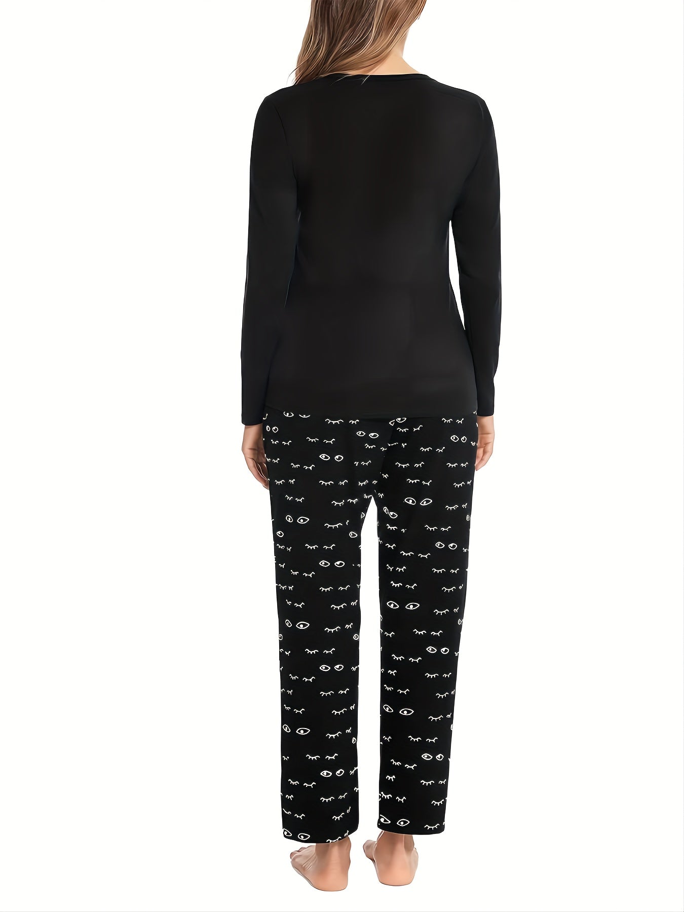 PIN GROUPS Eyelash Print Pajama Set, Long Sleeve Crew Neck Top & Elastic Waistband Pants, Women's Sleepwear & Loungewear