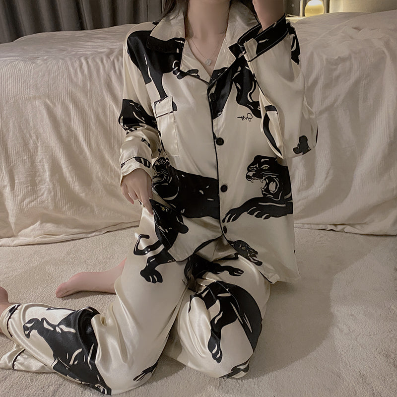 PIN GROUPS Autumn Spring Ice Silk Pajamas Women Sleepwear Long Sleeve Casual Nightwear Pyjamas Suit Home Clothes Floral Printed Sleep Set