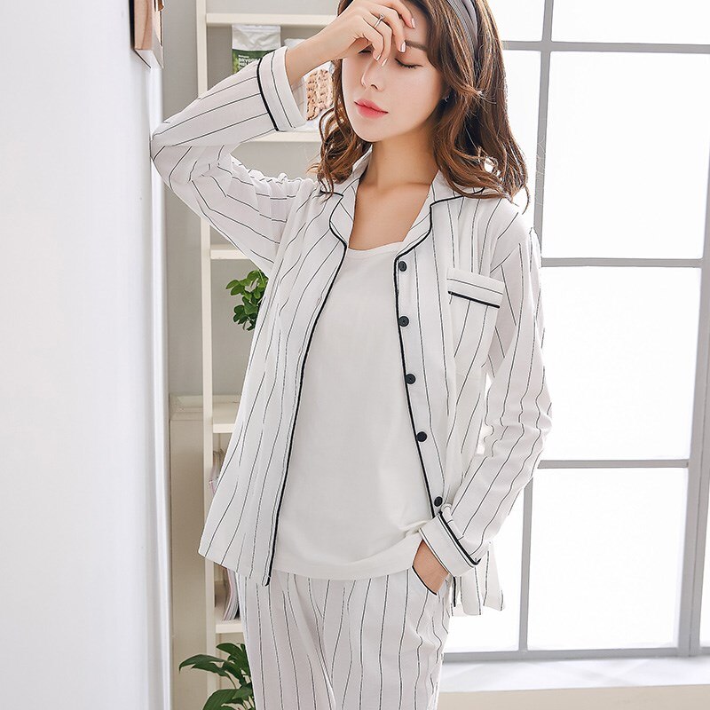 PIN GROUPS Casual Cotton Pajamas Sets Women Long Sleeve White Striped Sleepwear Suit 2 Piece Fashion Spring Homewear Lounge Pants Suits