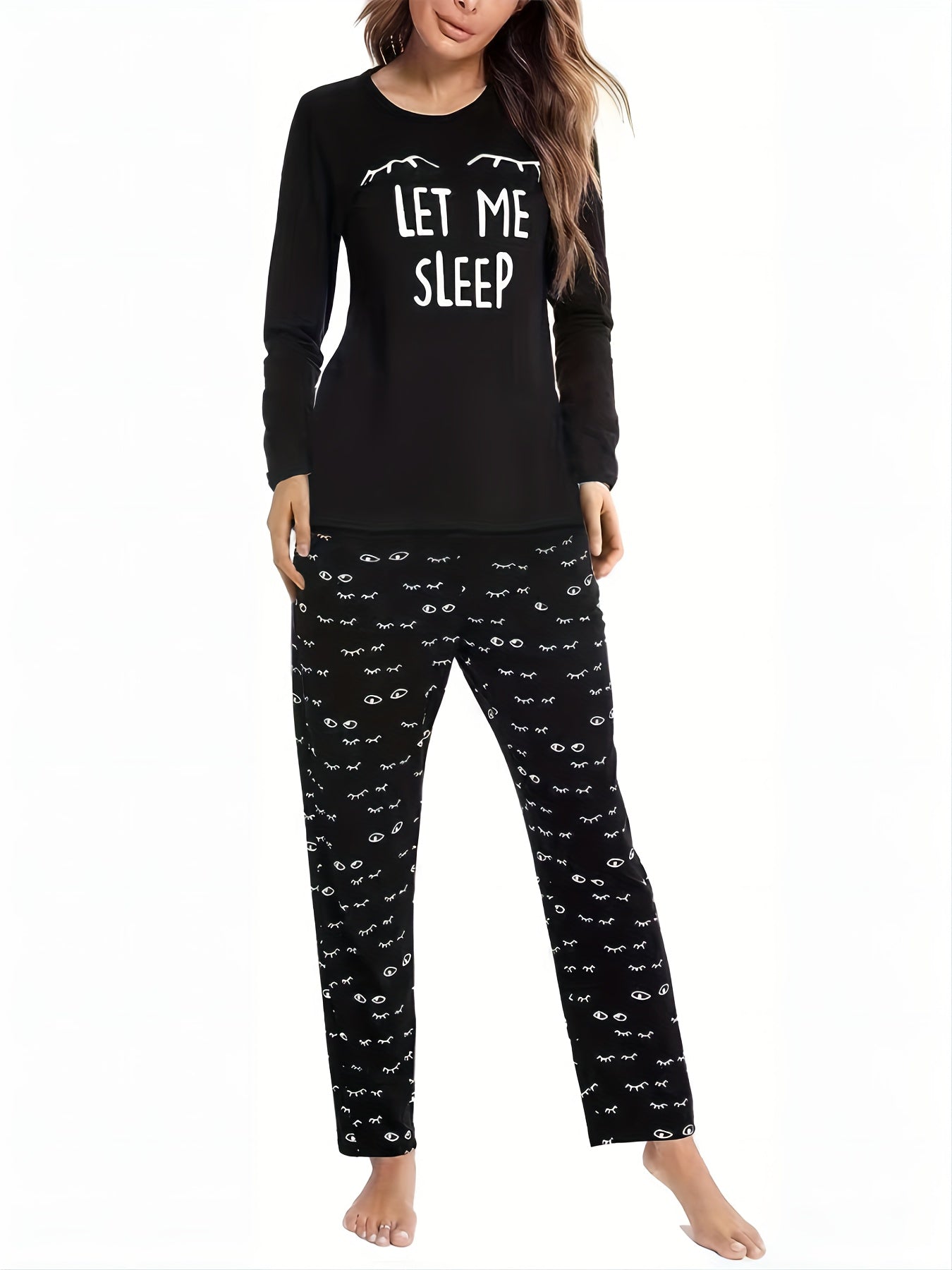 PIN GROUPS Eyelash Print Pajama Set, Long Sleeve Crew Neck Top & Elastic Waistband Pants, Women's Sleepwear & Loungewear