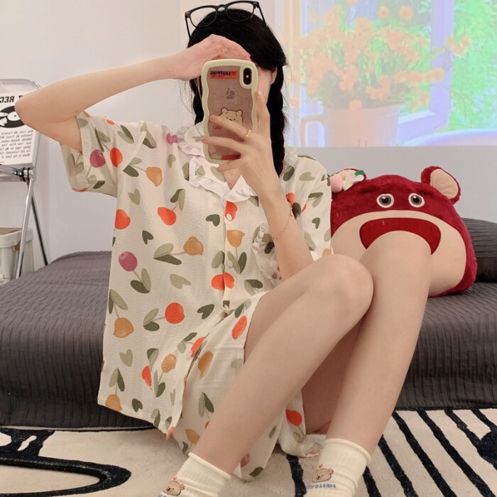 PIN GROUPS Korean Pajama Mujer Floral Chrry Printed Gauze Cotton Sleepwear Set Short Sleeve Top Shorts Homewear Skin-friendly Breathable