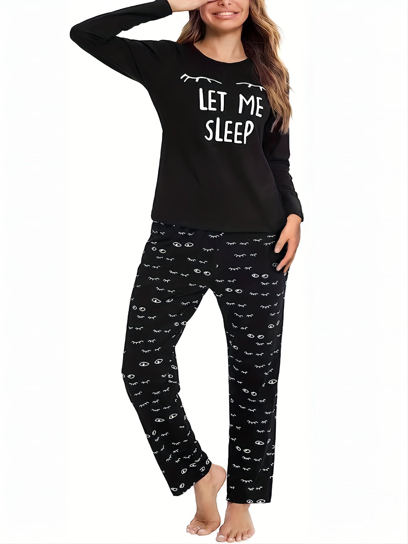 PIN GROUPS Eyelash Print Pajama Set, Long Sleeve Crew Neck Top & Elastic Waistband Pants, Women's Sleepwear & Loungewear