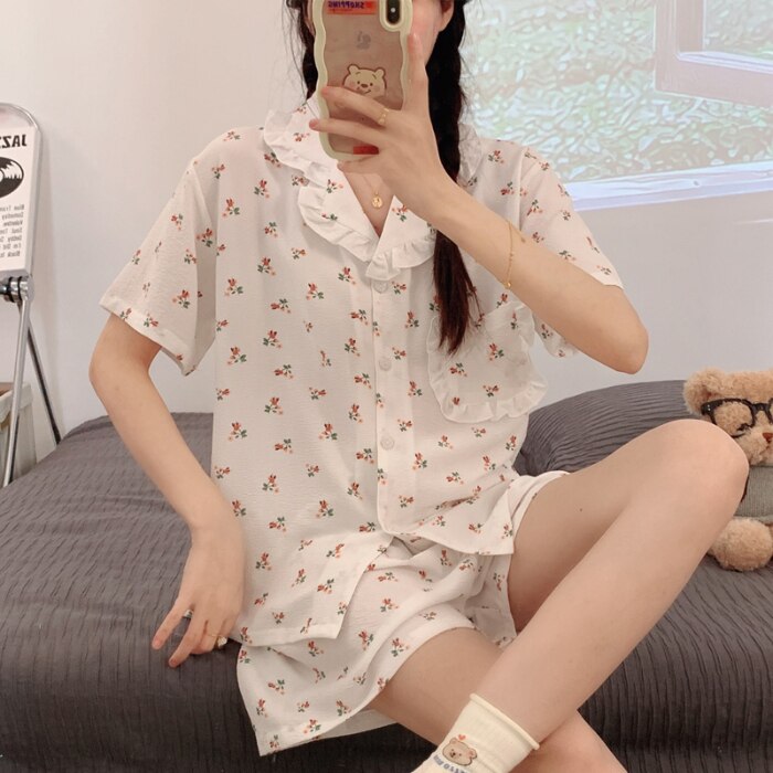 PIN GROUPS Korean Pajama Mujer Floral Chrry Printed Gauze Cotton Sleepwear Set Short Sleeve Top Shorts Homewear Skin-friendly Breathable