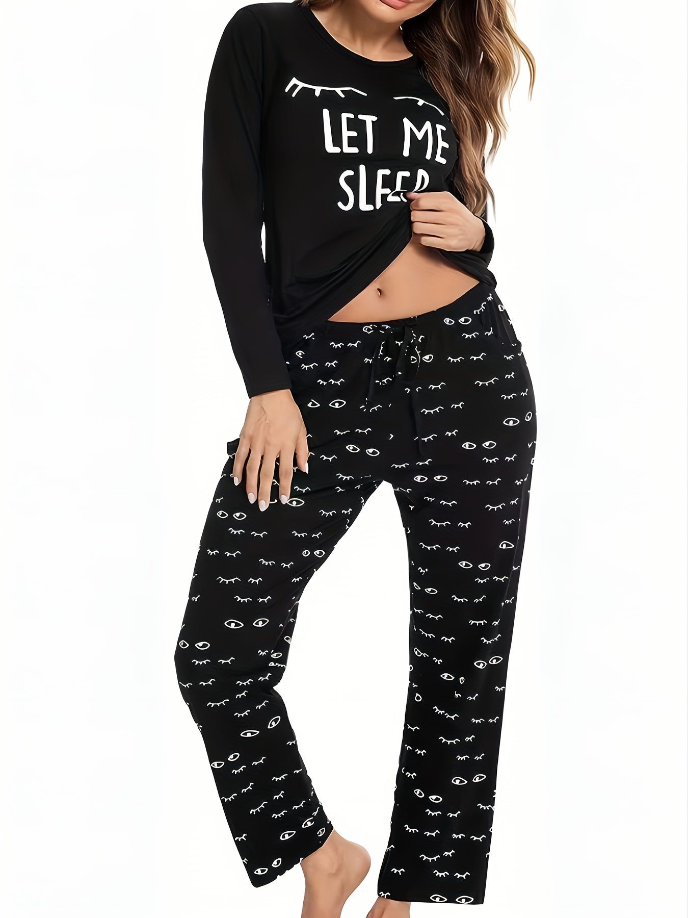 PIN GROUPS Eyelash Print Pajama Set, Long Sleeve Crew Neck Top & Elastic Waistband Pants, Women's Sleepwear & Loungewear