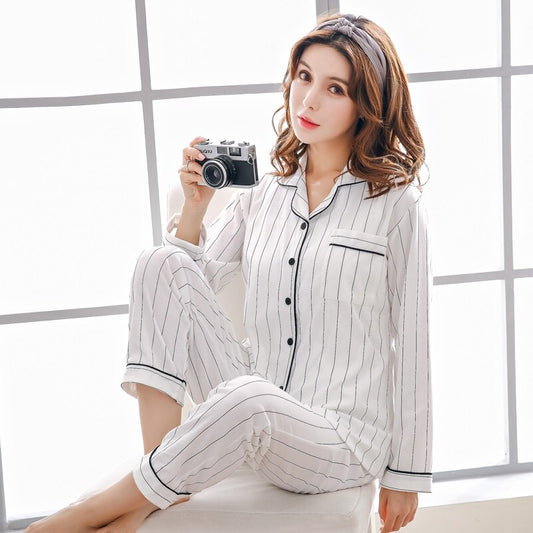 PIN GROUPS Casual Cotton Pajamas Sets Women Long Sleeve White Striped Sleepwear Suit 2 Piece Fashion Spring Homewear Lounge Pants Suits