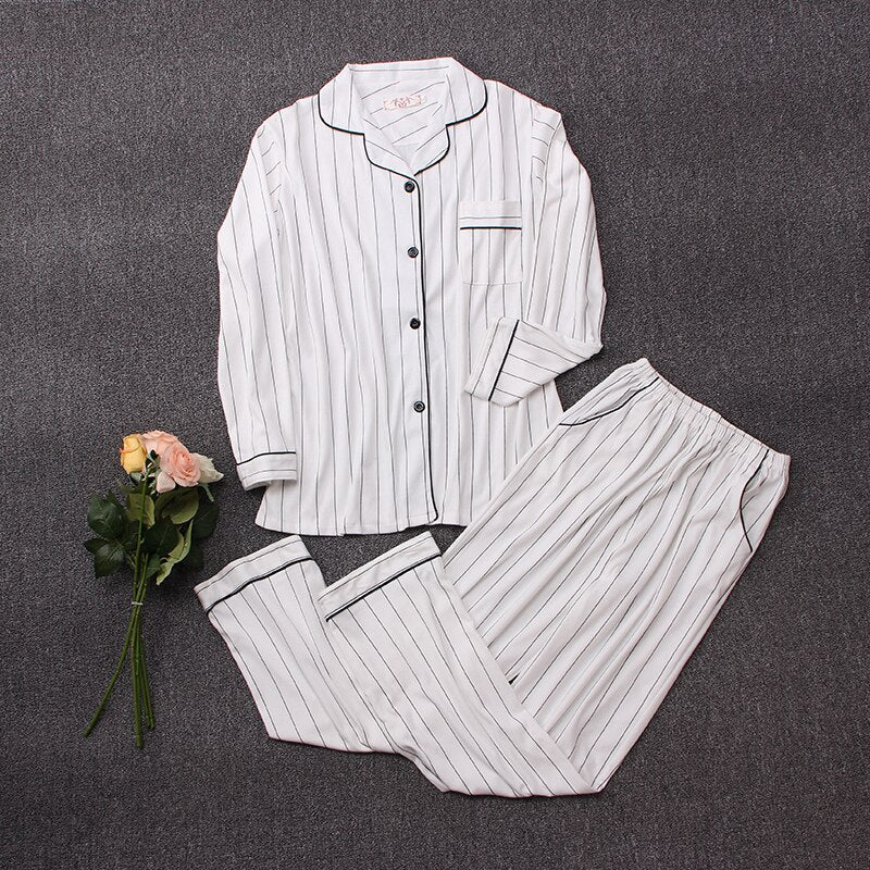 PIN GROUPS Casual Cotton Pajamas Sets Women Long Sleeve White Striped Sleepwear Suit 2 Piece Fashion Spring Homewear Lounge Pants Suits