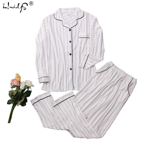 PIN GROUPS Casual Cotton Pajamas Sets Women Long Sleeve White Striped Sleepwear Suit 2 Piece Fashion Spring Homewear Lounge Pants Suits