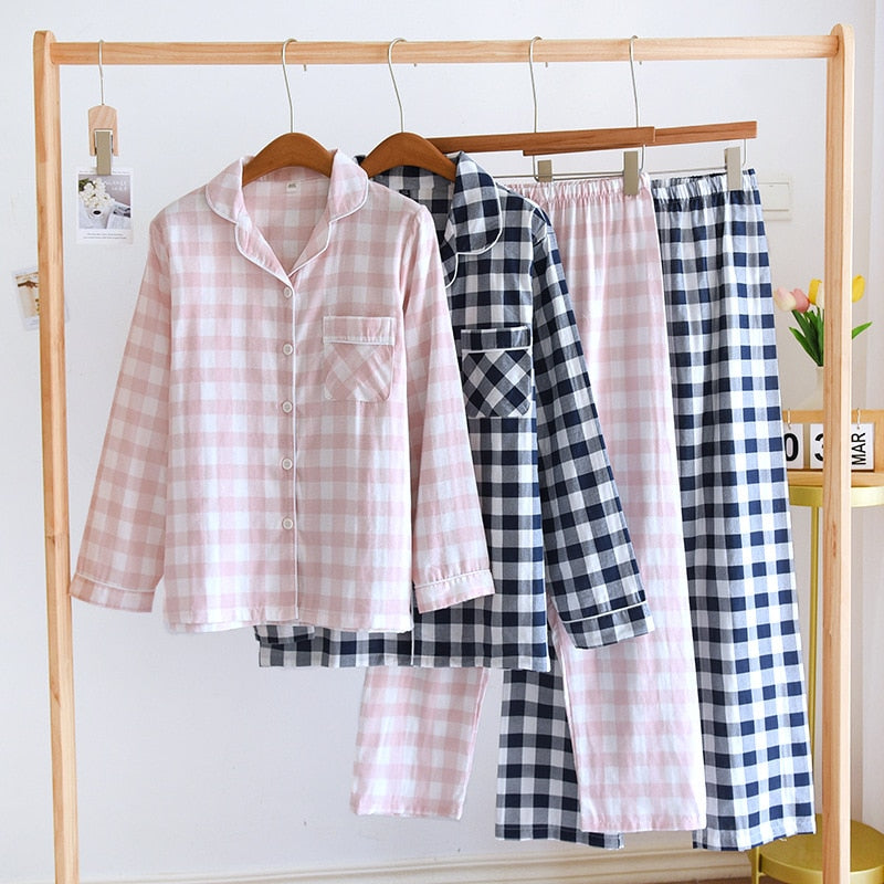 PIN GROUPS 2024 Japanese Spring And Autumn New Couple Pajama Set 100% Cotton Long Sleeve Pants Men's And Women's Checkered Home Furnishings