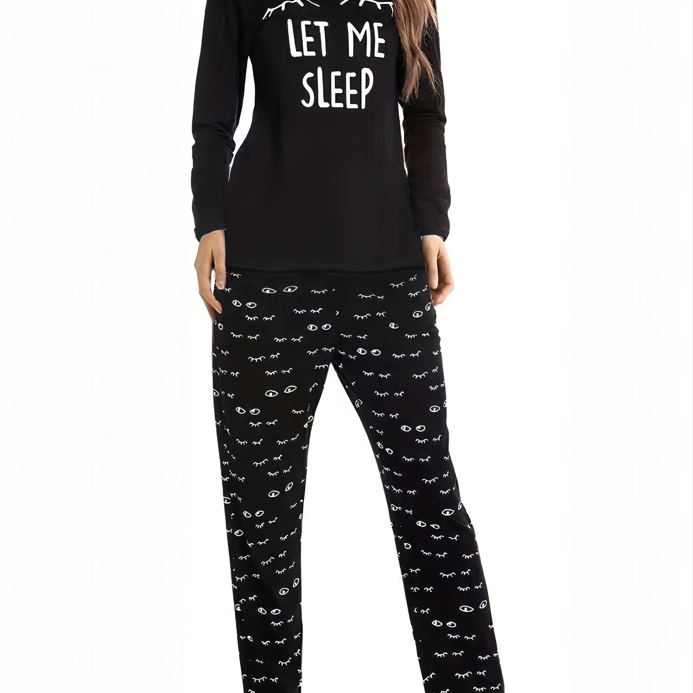 PIN GROUPS Eyelash Print Pajama Set, Long Sleeve Crew Neck Top & Elastic Waistband Pants, Women's Sleepwear & Loungewear