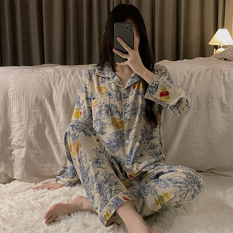 PIN GROUPS Autumn Spring Ice Silk Pajamas Women Sleepwear Long Sleeve Casual Nightwear Pyjamas Suit Home Clothes Floral Printed Sleep Set