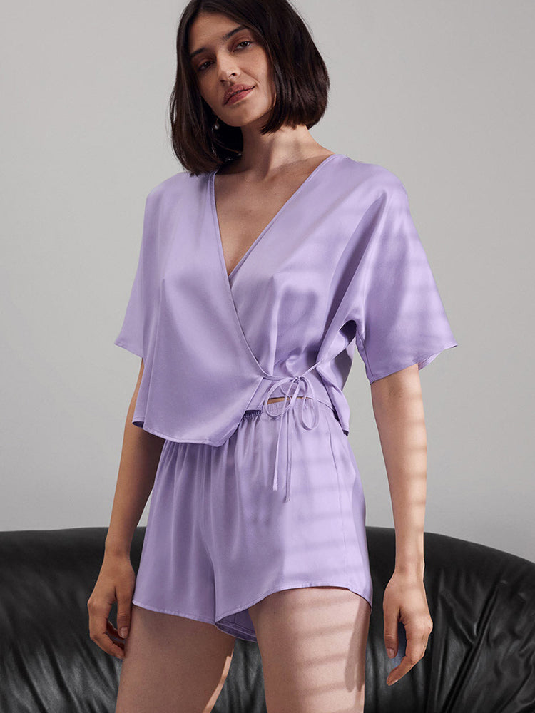 PIN GROUPS Casual Women's Home Clothes 2 Piece Sets Lace Up Short Sleeve V Neck Sleepwear Female Suits With Shorts Summer Pajamas