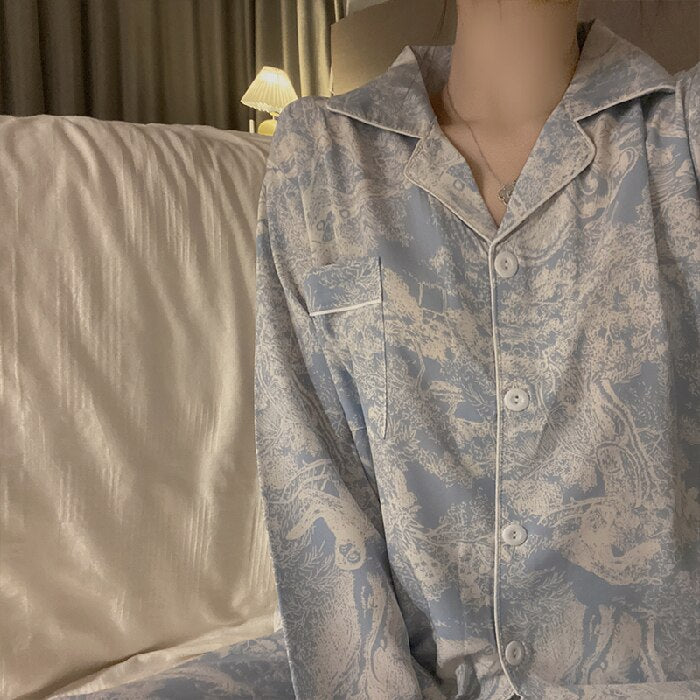 PIN GROUPS Autumn Spring Ice Silk Pajamas Women Sleepwear Long Sleeve Casual Nightwear Pyjamas Suit Home Clothes Floral Printed Sleep Set