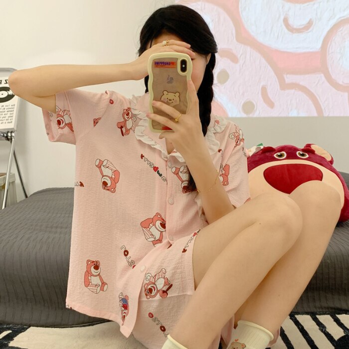 PIN GROUPS Korean Pajama Mujer Floral Chrry Printed Gauze Cotton Sleepwear Set Short Sleeve Top Shorts Homewear Skin-friendly Breathable