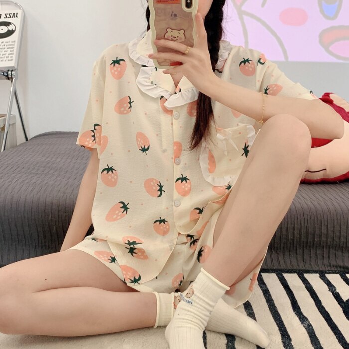 PIN GROUPS Korean Pajama Mujer Floral Chrry Printed Gauze Cotton Sleepwear Set Short Sleeve Top Shorts Homewear Skin-friendly Breathable