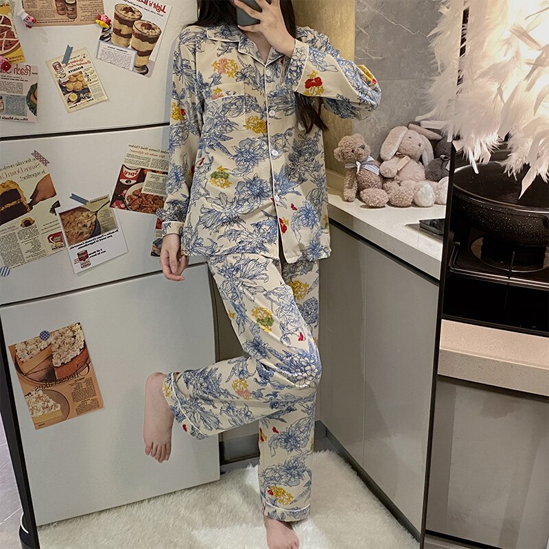 PIN GROUPS Autumn Spring Ice Silk Pajamas Women Sleepwear Long Sleeve Casual Nightwear Pyjamas Suit Home Clothes Floral Printed Sleep Set