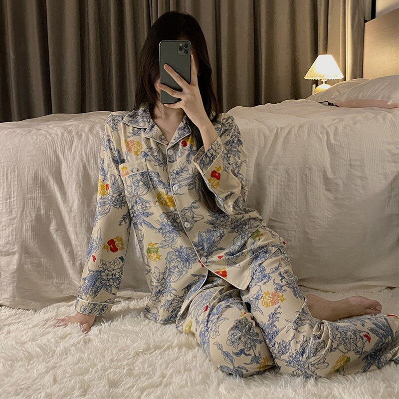 PIN GROUPS Autumn Spring Ice Silk Pajamas Women Sleepwear Long Sleeve Casual Nightwear Pyjamas Suit Home Clothes Floral Printed Sleep Set