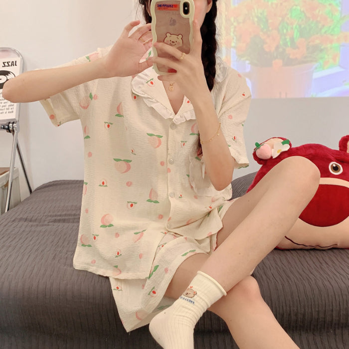 PIN GROUPS Korean Pajama Mujer Floral Chrry Printed Gauze Cotton Sleepwear Set Short Sleeve Top Shorts Homewear Skin-friendly Breathable