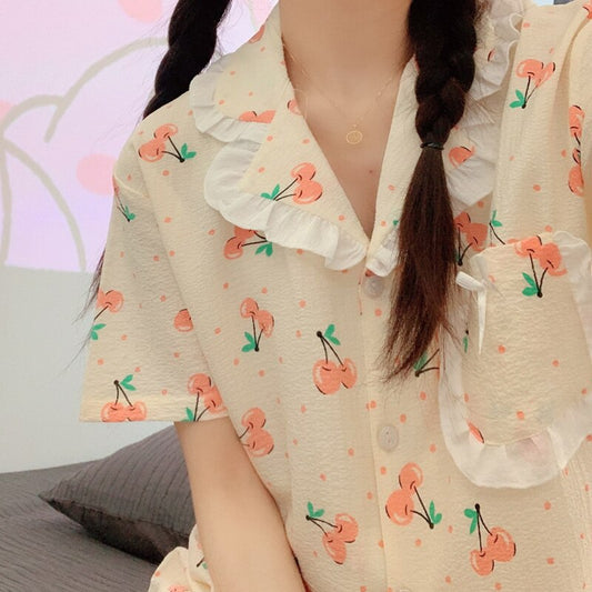 PIN GROUPS Korean Pajama Mujer Floral Chrry Printed Gauze Cotton Sleepwear Set Short Sleeve Top Shorts Homewear Skin-friendly Breathable