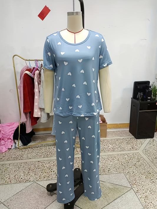 PIN GROUPS Heart Print Pajama Set, Short Sleeve Round Neck Top & Elastic Waistband Pants, Women's Sleepwear & Loungewear