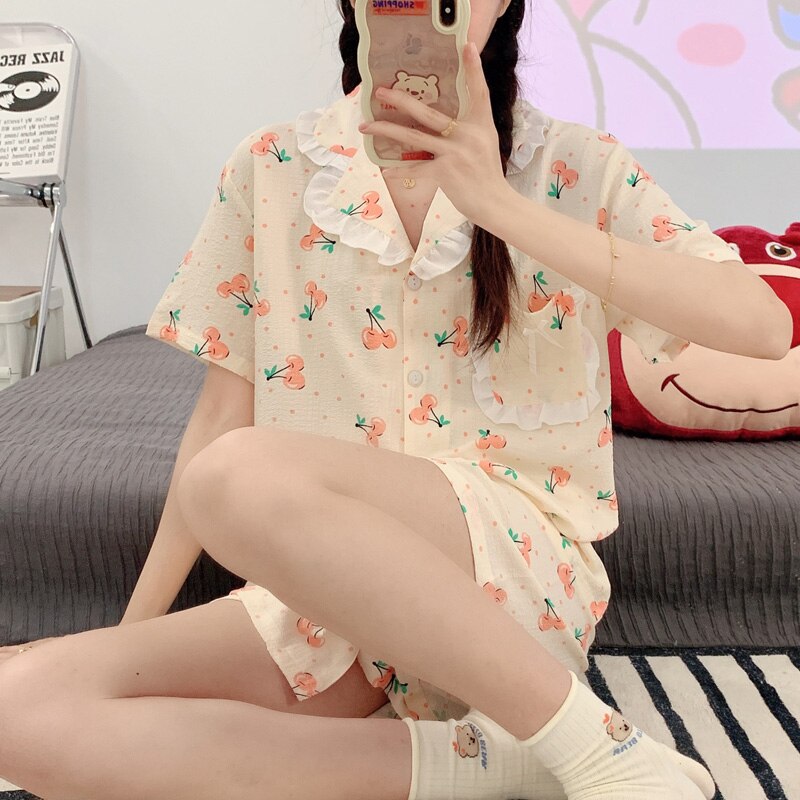 PIN GROUPS Korean Pajama Mujer Floral Chrry Printed Gauze Cotton Sleepwear Set Short Sleeve Top Shorts Homewear Skin-friendly Breathable