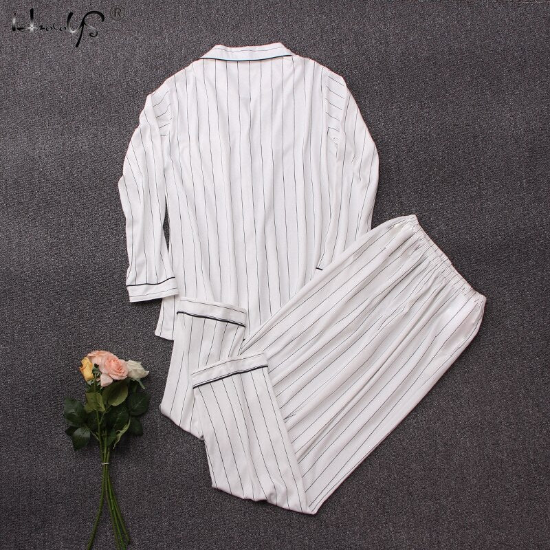 PIN GROUPS Casual Cotton Pajamas Sets Women Long Sleeve White Striped Sleepwear Suit 2 Piece Fashion Spring Homewear Lounge Pants Suits