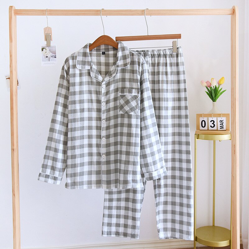 PIN GROUPS 2024 Japanese Spring And Autumn New Couple Pajama Set 100% Cotton Long Sleeve Pants Men's And Women's Checkered Home Furnishings