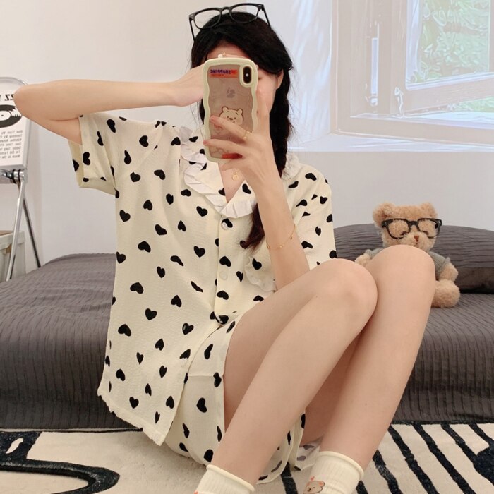 PIN GROUPS Korean Pajama Mujer Floral Chrry Printed Gauze Cotton Sleepwear Set Short Sleeve Top Shorts Homewear Skin-friendly Breathable