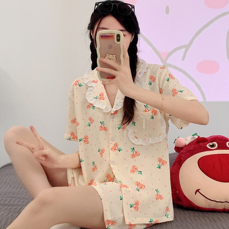 PIN GROUPS Korean Pajama Mujer Floral Chrry Printed Gauze Cotton Sleepwear Set Short Sleeve Top Shorts Homewear Skin-friendly Breathable