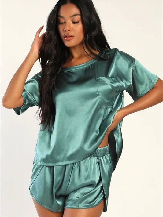 PIN GROUPS Green Pajamas For Women 2 Piece Sets Short Sleeve O Neck Sleepwear Split Female Home Suits With Shorts Summer Casual