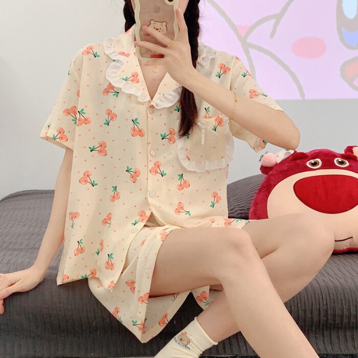 PIN GROUPS Korean Pajama Mujer Floral Chrry Printed Gauze Cotton Sleepwear Set Short Sleeve Top Shorts Homewear Skin-friendly Breathable