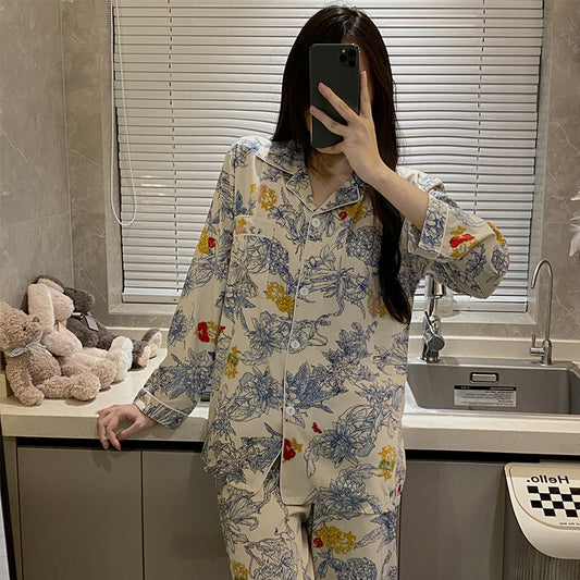 PIN GROUPS Autumn Spring Ice Silk Pajamas Women Sleepwear Long Sleeve Casual Nightwear Pyjamas Suit Home Clothes Floral Printed Sleep Set